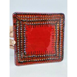 Vtg Fused Art Glass Medium Square Dish Tray Bright Multi Colored RED MCM Decor